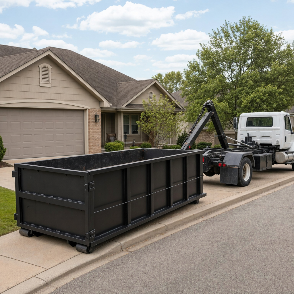 Wide documentary shot of a matte-black roll-off dumpster on a Henderson residential driveway in the foreground and a contractor jobsite container in the soft-focus background, bright daylight, calm and orderly composition.
